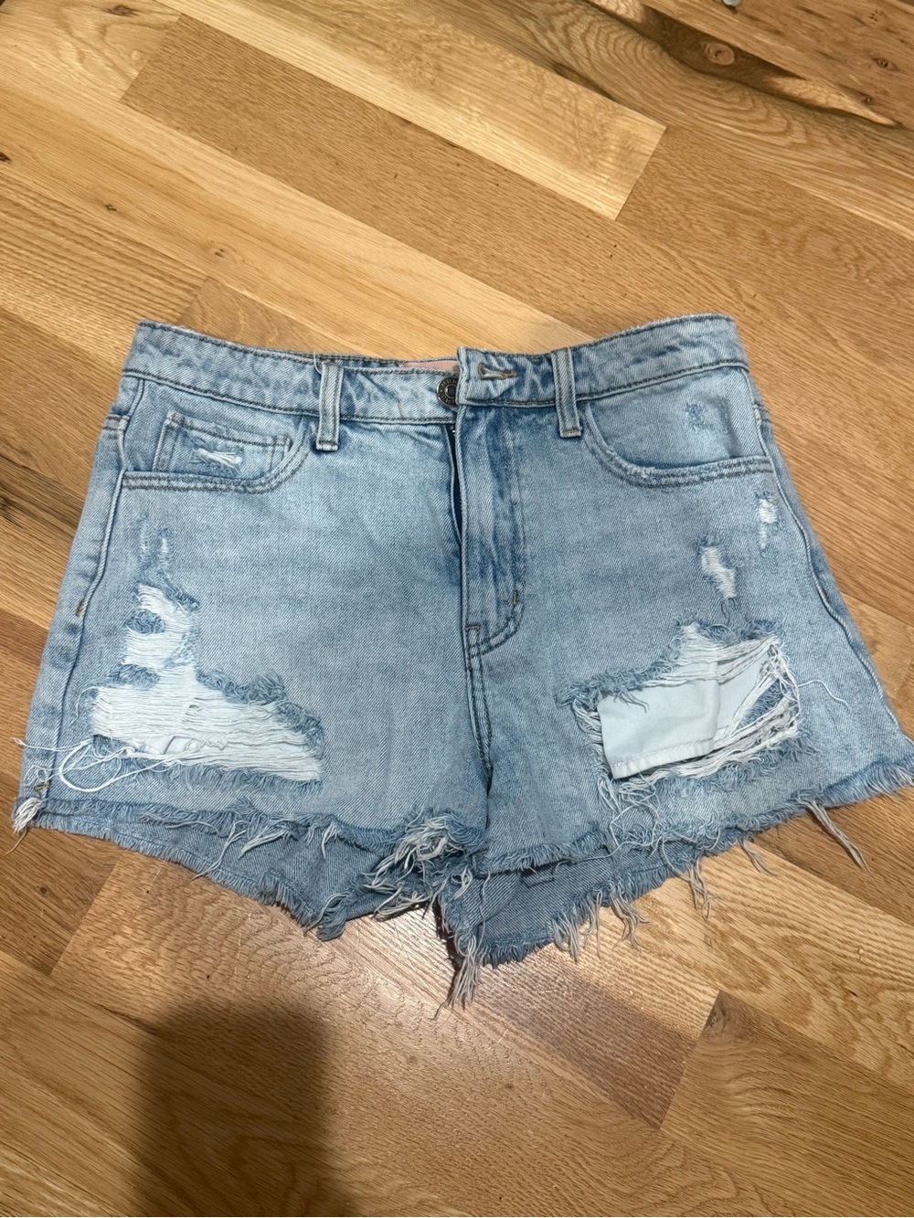 Show Me Your Mumu High-Rise Distressed Light Blue Denim Shorts